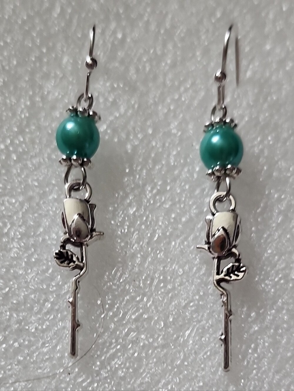 Hand Crafted Teal Bead Silver Rose Key Dangle Earrings